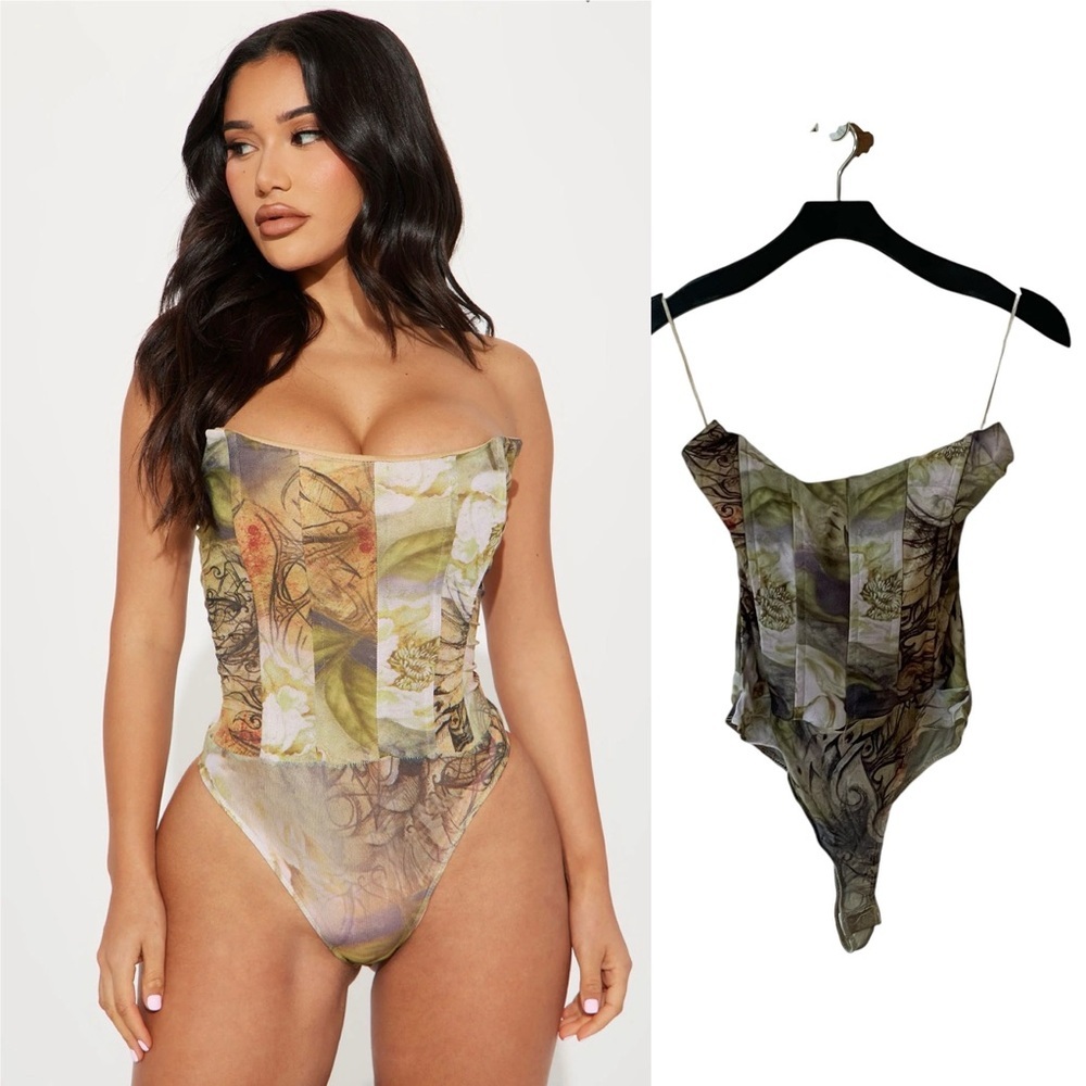 Fashion Nova Amara Mesh Corset Bodysuit in Green Combo